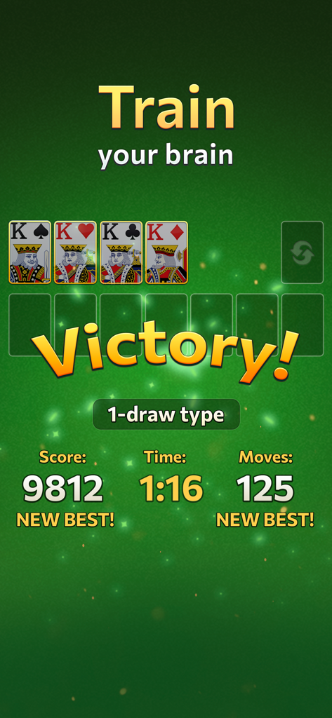 Solitaire Daily Break - Pantalla de victoria de un juego clásico de solitario con el texto Entrena tu cerebro y estadísticas de victoria