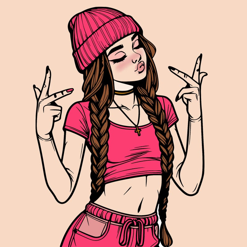 realistic teenage girl with braids and a beanie and crop top doing 🫶🏼