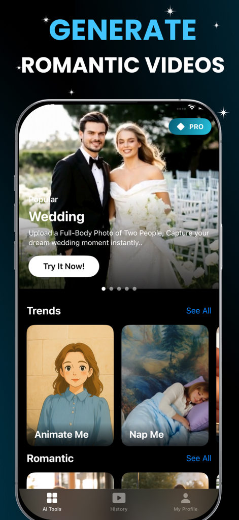 AI Video Maker · Generator - Mobile app screen for generating romantic AI videos from wedding photos