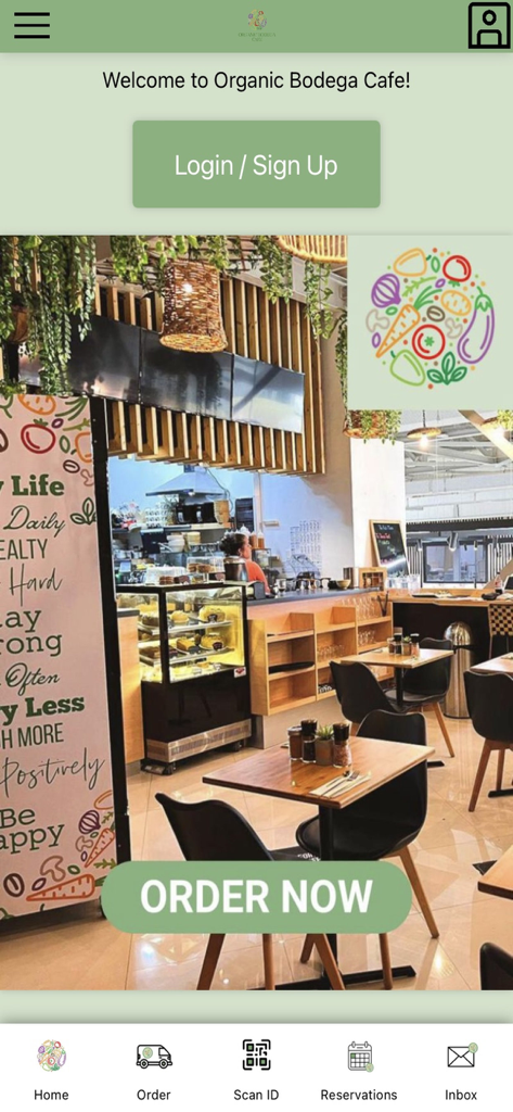 Organic Bodega Cafe - Home screen of the Organic Bodega Cafe mobile app featuring an Order Now button and cafe interior