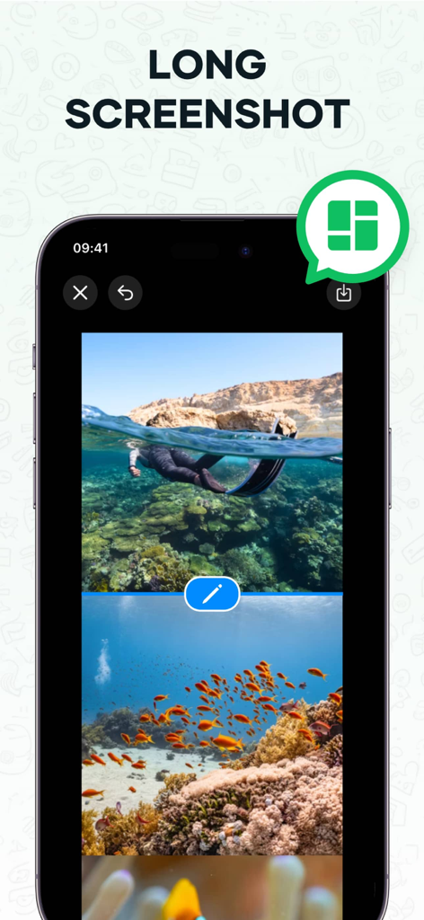 Interface d'application mobile montrant la fonction de longue capture d'écran assemblant plusieurs photos sous-marines
