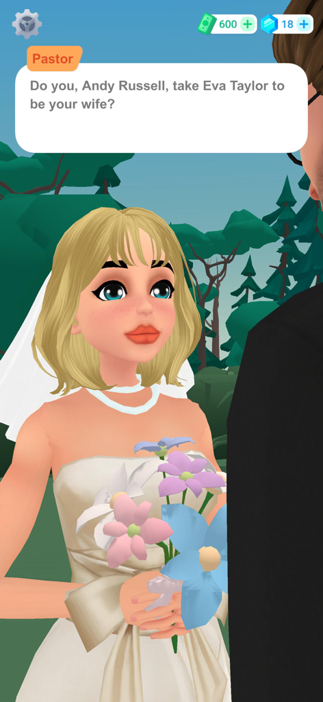 白いウェディングドレスを着た金髪の花嫁が、牧師のスピーチの吹き出しと共に、結婚式の儀式で花を持っているシーン。