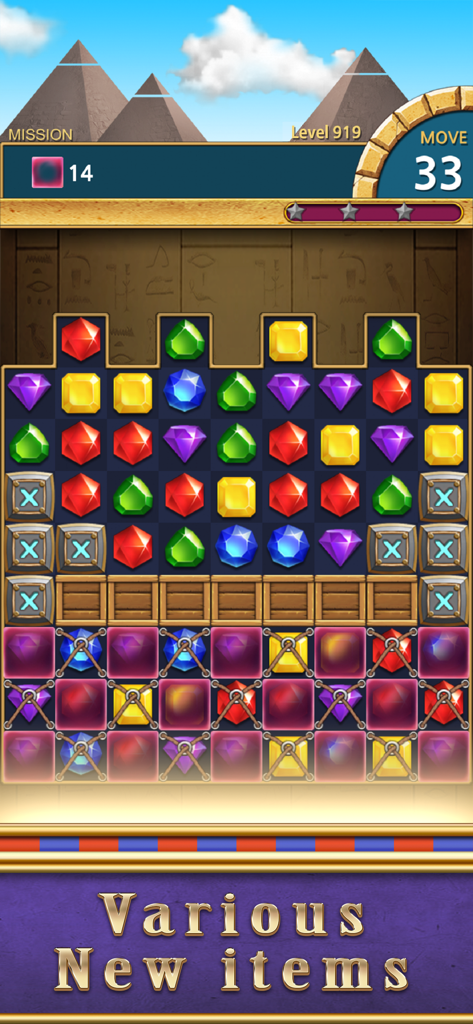 Jewels Pharaoh - Jugabilidad del puzzle Match-3 de Jewels Pharaoh con tema del Antiguo Egipto y gemas coloridas