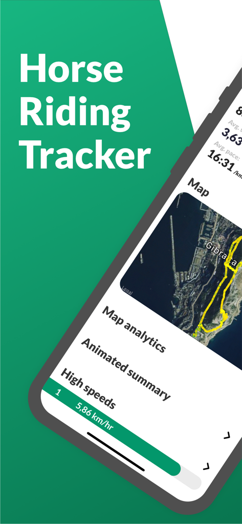 Interface of the Horse Riding Tracker app showing a GPS map and ride statistics