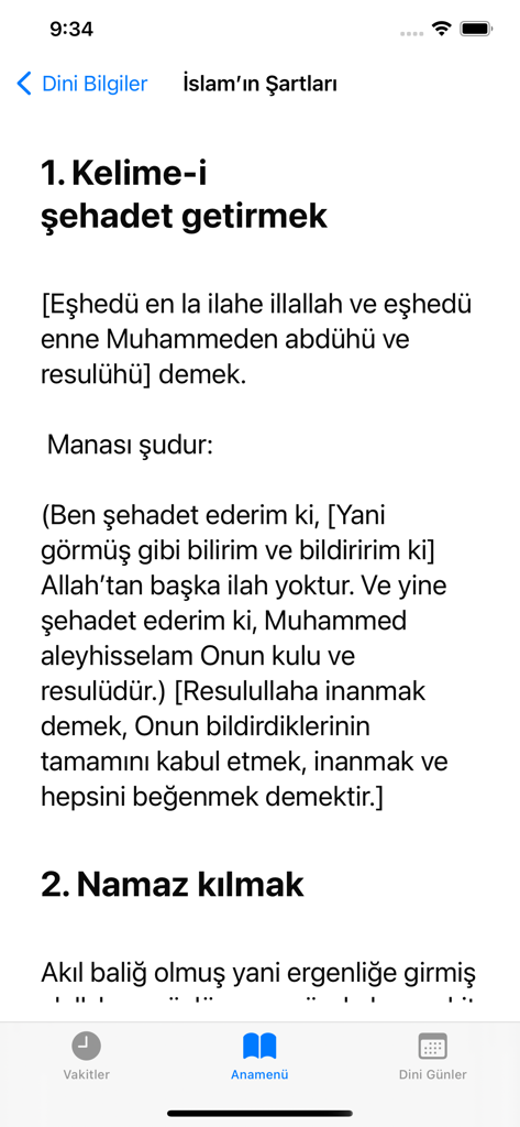 Une page de l'application Islam intitulée 'Islam'ın Şartları' expliquant les piliers de l'Islam en turc.