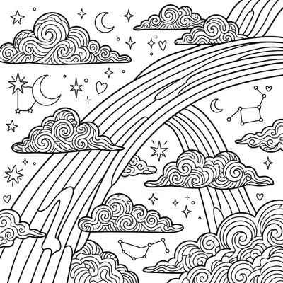 Unleash your creativity with this stunning coloring page featuring graceful contrails, celestial elements, and whimsical clouds, celebrating Pride. Designed for teens, it offers an intricate design perfect for mindful coloring and artistic expression.