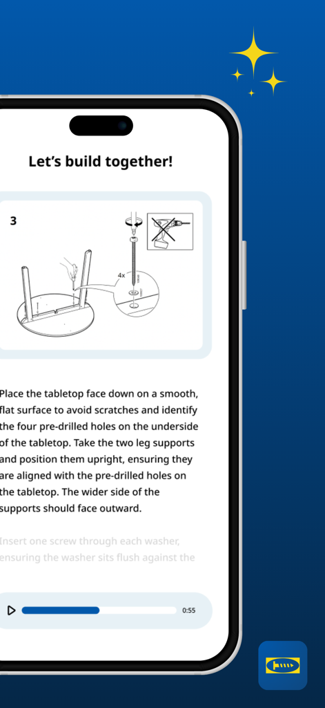 IKEA Assembly Guide app screen showing visual diagrams with matching text and audio instructions for building furniture