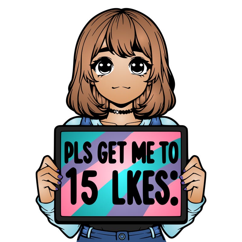 realistic girl holding up a sign that says “pls get me to 15 likes!”