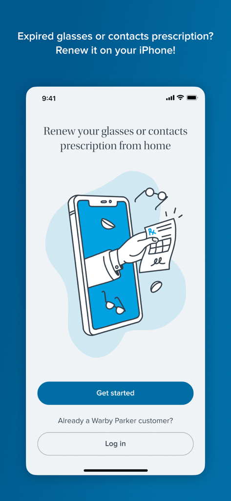Virtual Vision Test - Warby Parker Virtual Vision Test app welcome screen with a hand holding a prescription coming out of a phone.