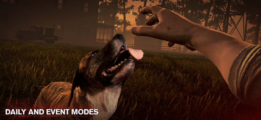 Into the Dead 2 - Vista en primera persona de un jugador interactuando con su leal compañero perro en un entorno rural