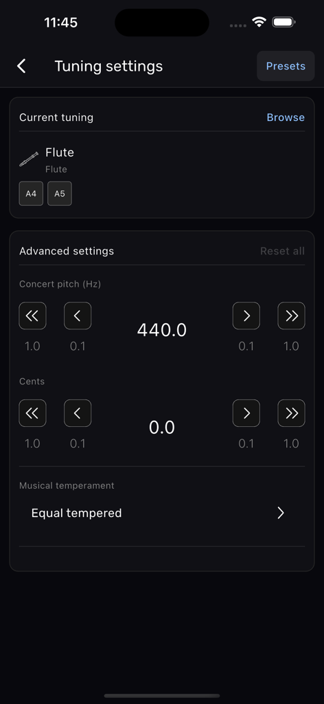 Flute Tuner – XTuner PRO - Advanced tuning settings screen of the Flute Tuner app showing concert pitch adjustment in Hz and musical temperament selection