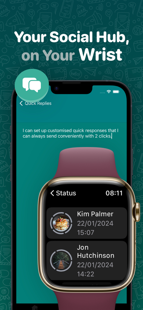WatchChat 2 interface showing quick replies configuration on iPhone and contact status updates on Apple Watch