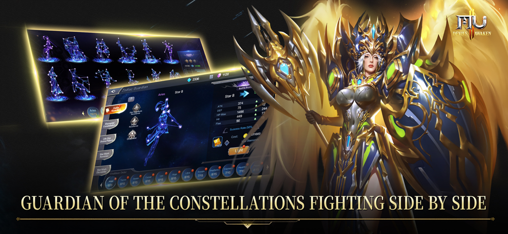 MU: Devils Awaken - A character in ornate golden armor next to the Zodiac Guardian constellation interface in MU Devils Awaken.