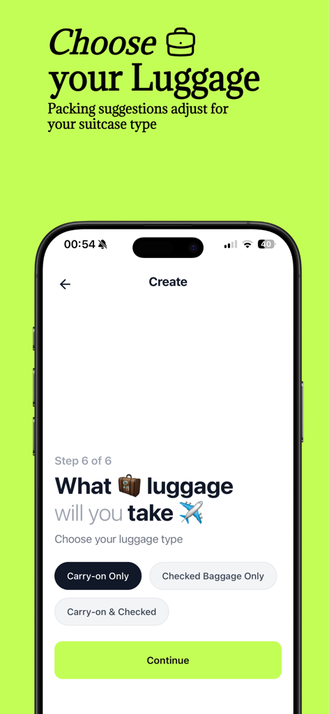 Pantalla de la aplicación Bagio para elegir el tipo de equipaje, como equipaje de mano o facturado