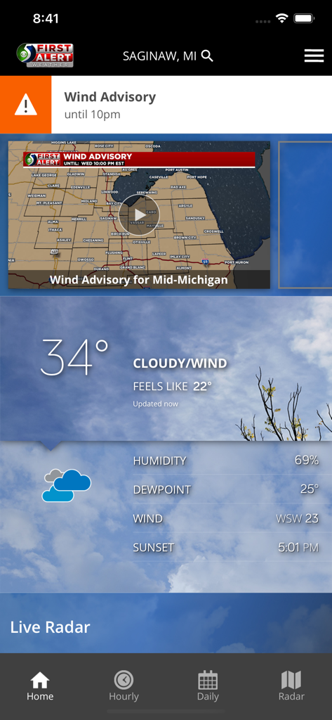 WNEM Weather - WNEM Weather app home screen showing a wind advisory and current weather conditions for Saginaw Michigan