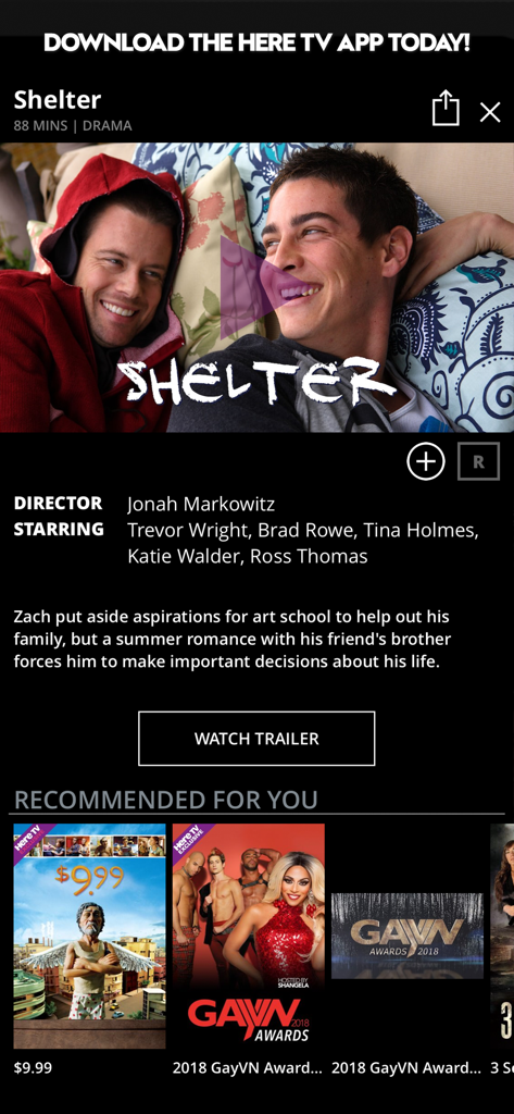 Mobile app screen showing the movie details and synopsis for the drama Shelter on the Here TV platform.