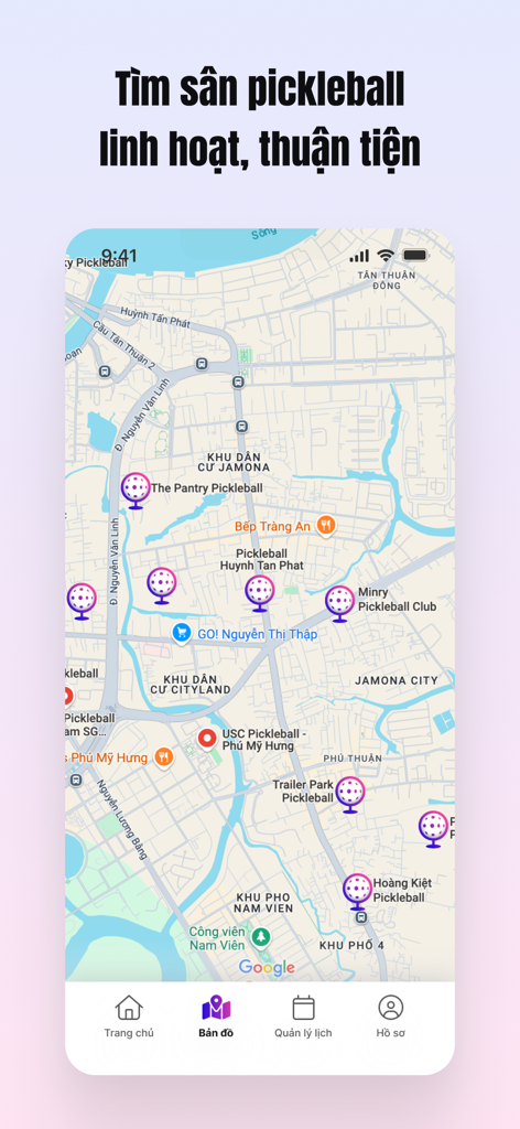 D-PICKL - Map interface in the D-PICKL app showing locations of pickleball courts for booking