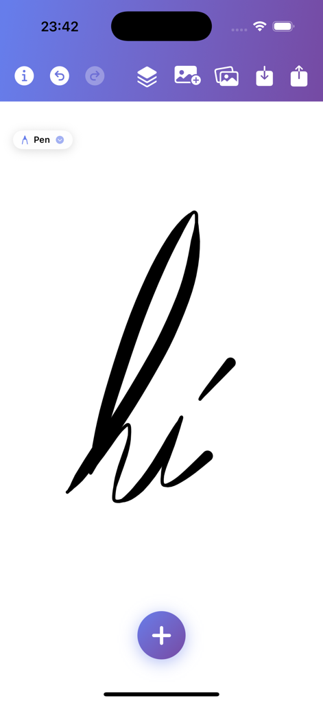 DrawPad - 미니멀리스트 도구가 특징인 DrawPad 앱의 깔끔한 그림 캔버스에 'hi'라는 손글씨 단어 표시