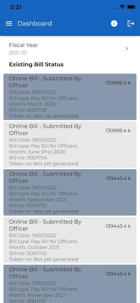 iBAS Pay - iBAS Pay app dashboard screen displaying a list of submitted online bills and their status for the current fiscal year.