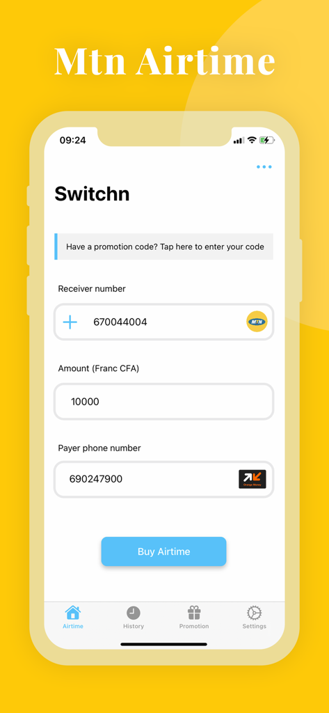 Interface de l'application Switchn pour l'achat de crédit MTN au Cameroun en utilisant Orange Money.