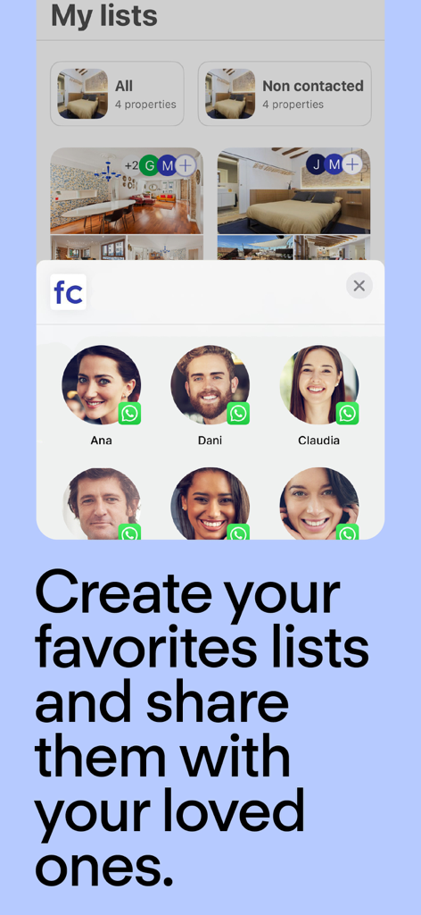 Interface of Fotocasa app showing favorites lists and a sharing menu with contacts