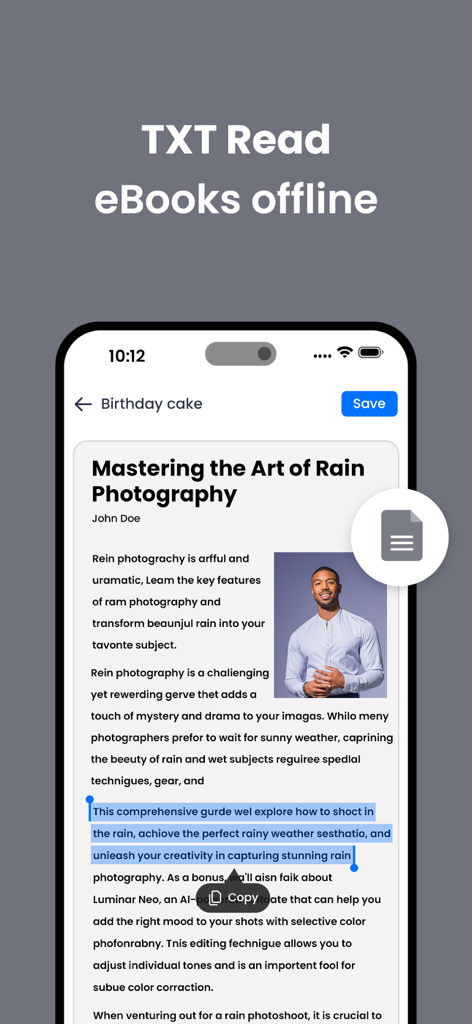 Universal File Reader - iPhone screen showing a text document being read offline with text selection and copy feature in Universal File Reader.