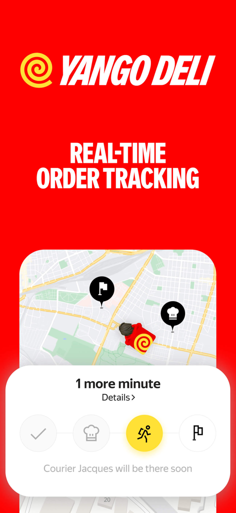 Yango Deli: food delivery - Yango Deli app interface displaying real-time food delivery tracking on a city map with a one minute arrival estimate