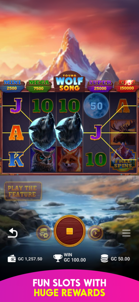 Pulsz: Online Casino Games - Pulsz mobile app screen showing the Young Wolf Song slot game with wolf and owl symbols against a mountain background.