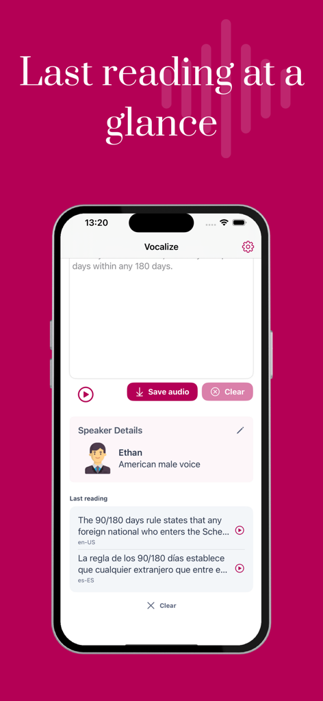 Text to Speech Audio Voice - Smartphone screen showing the text to speech app history and voice selection interface