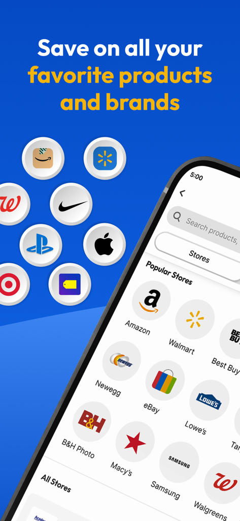 Slickdeals: Deals & Discounts - Interfaz de la aplicación Slickdeals que muestra una lista de tiendas minoristas y marcas populares para ahorrar en productos