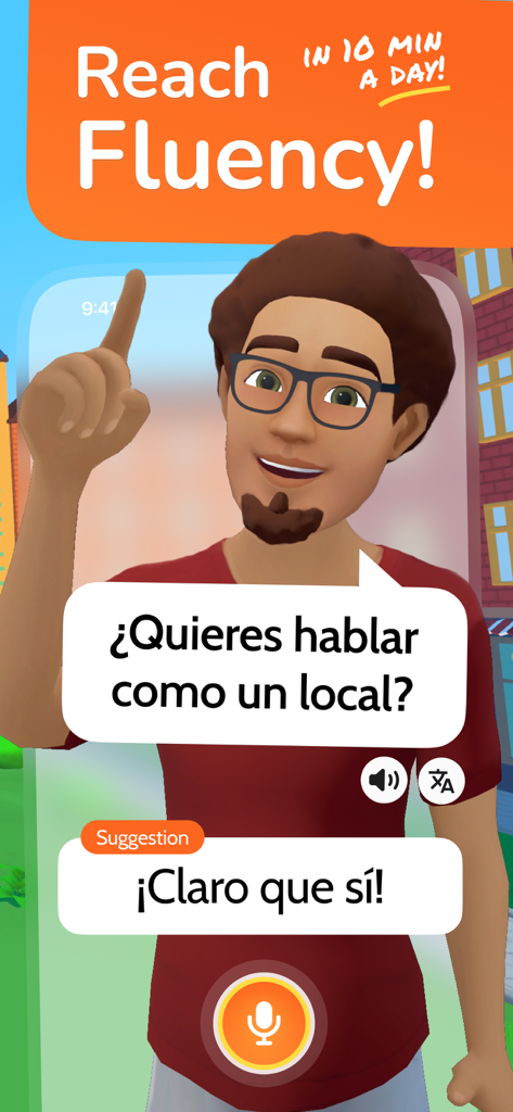 LingoLooper: AI Language Game - LingoLooperアプリの3Dアバターがスペイン語の会話を練習しており、流暢さに達するのに役立つ応答の提案があります