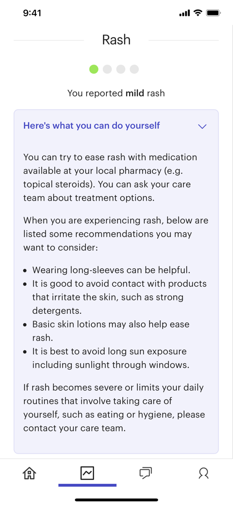 Kaiku Health - Kaiku Health app screen showing self care advice for a reported mild rash symptom