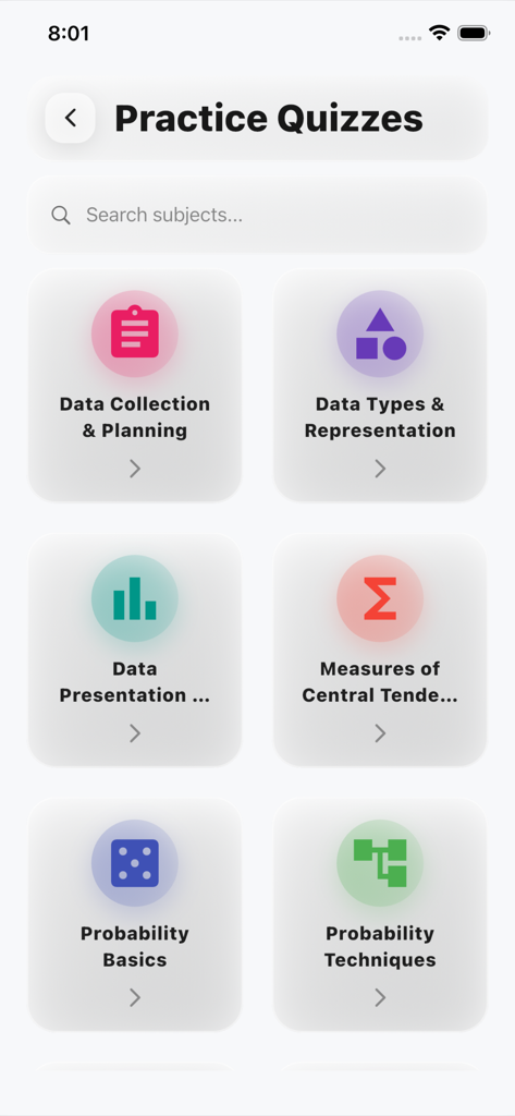 GCSE Statistics Practice Pro - GCSE Statistics Practice Pro app screen showing quiz categories like probability and data collection