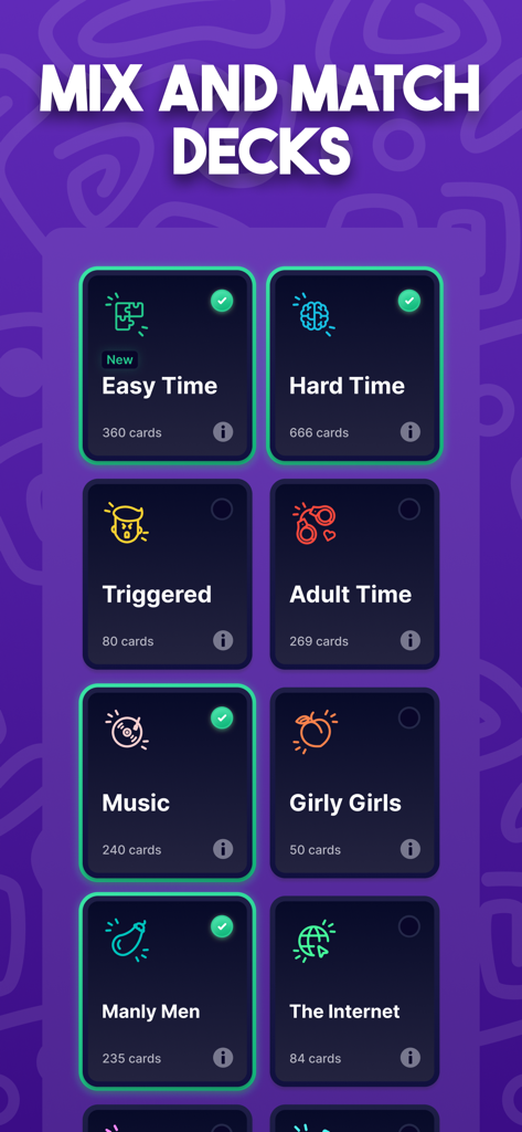 Charades: Family Games Night - Una pantalla de selección en la app de Charadas que muestra varios mazos de cartas temáticos para elegir para una noche de juegos.