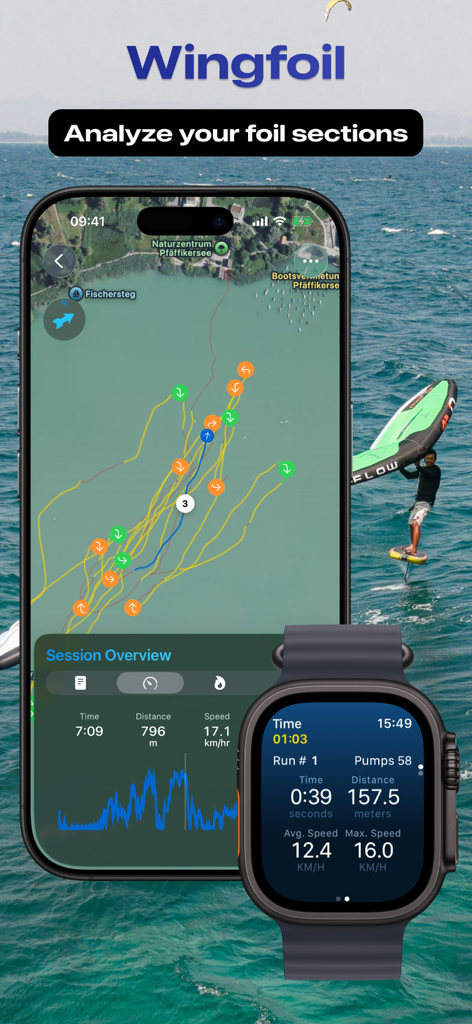 Foil, Wing, Surf - FoilMotion - FoilMotion app showing wingfoil GPS tracking on an iPhone map and performance metrics on an Apple Watch Ultra.