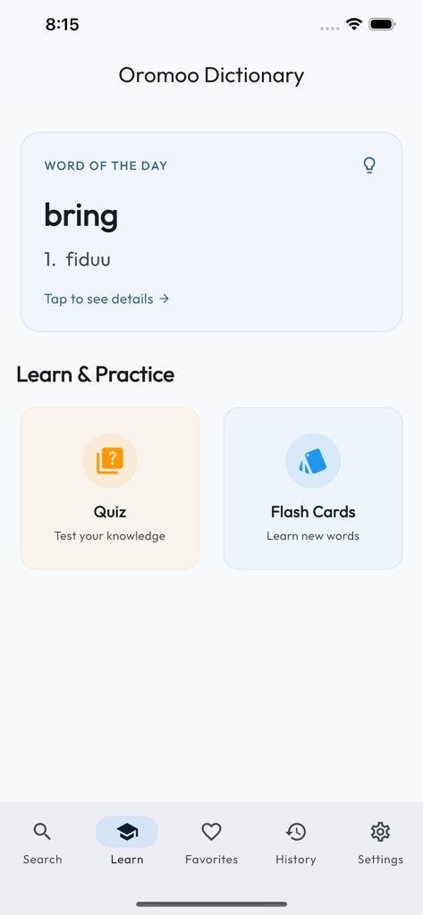 Oromo English Dictionary - Learning interface of the Oromo English Dictionary app showing the word of the day and practice tools like quizzes and flashcards.