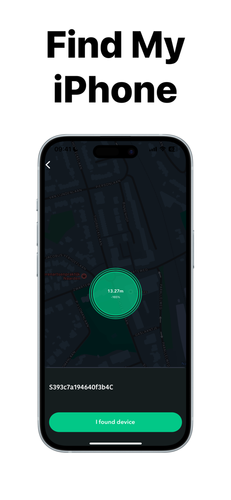 Find: my phone,device tracker - Uno schermo di smartphone che visualizza un cerchio radar verde su una mappa per tracciare un dispositivo smarrito a una distanza di 13 metri