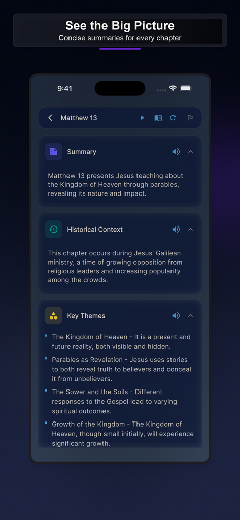 WWJD: Bible Study Companion - Interfaz de la aplicación WWJD que muestra resúmenes concisos de capítulos, contexto histórico y temas clave para Mateo 13.