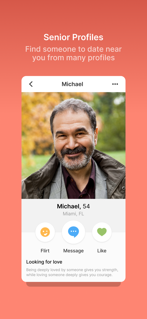 Profile screen of the Senior Next dating app showing a senior man named Michael from Miami
