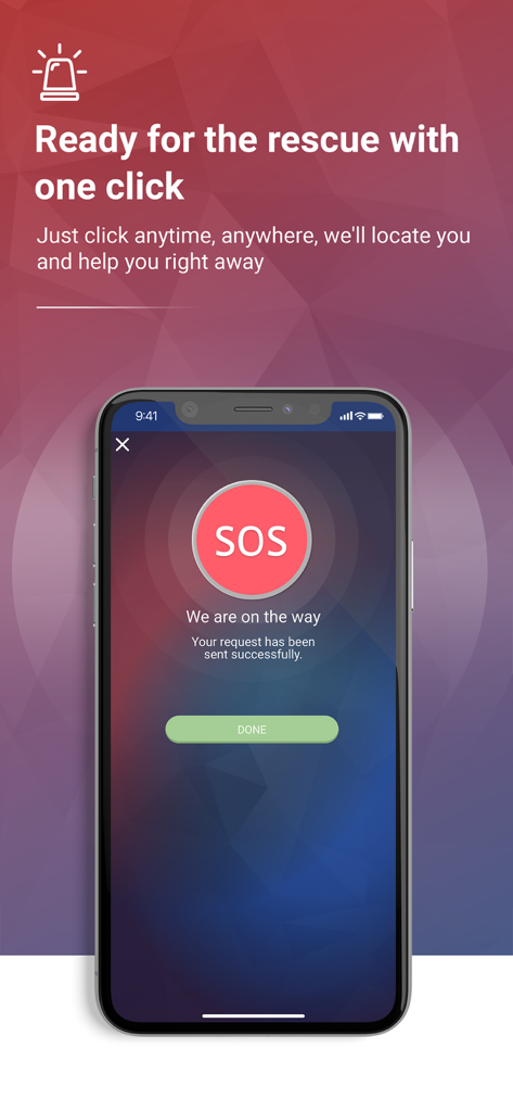 Interface of the MOI UAE app showing the SOS emergency rescue feature with a confirmation message
