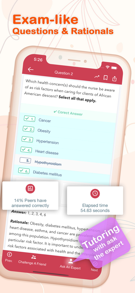 Interface de questions pratiques Saunders NCLEX-RN montrant les réponses correctes et des justifications détaillées