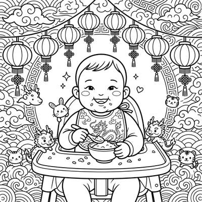 Bring the warmth of Lunar New Year to life with this delightful coloring page featuring a happy baby enjoying a meal. Surrounded by traditional lanterns, playful dragons, and cute zodiac animals, this scene is perfect for celebrating new beginnings.