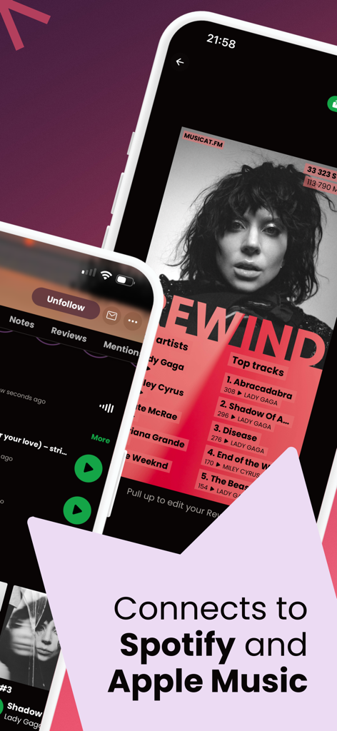 musicat: Music, Stats, Reviews - Screenshot der musicat-App zeigt Top-Tracks und Künstler-Rewind mit dem Text, dass sie sich mit Spotify und Apple Music verbindet.