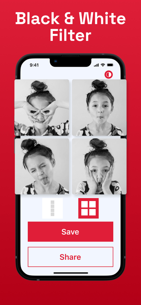 Interfaccia di un'app mobile che mostra un collage di foto a griglia 2x2 in bianco e nero con pulsanti di salvataggio e condivisione.