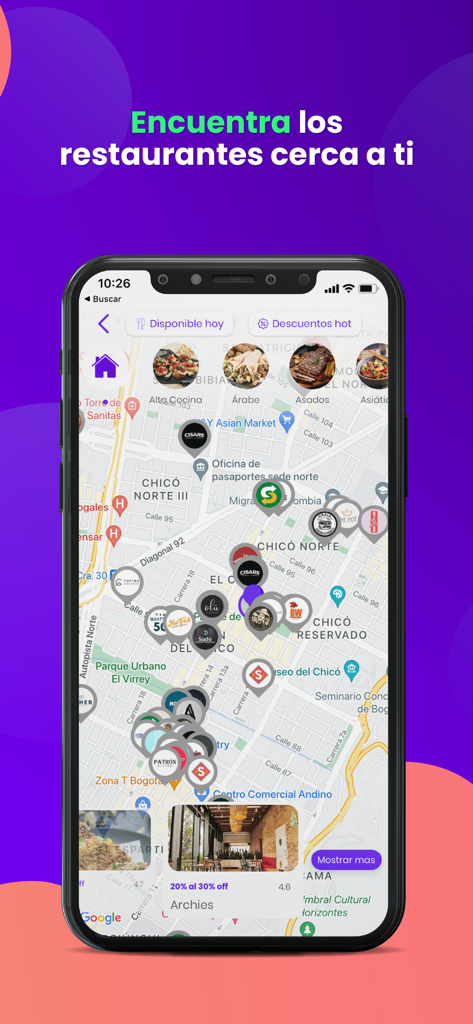 Apparta - Interface de l'application mobile Apparta montrant une carte des restaurants à proximité avec des marqueurs de réduction.