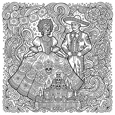 Explore a mesmerizing fusion of history, culture, and psychedelic art with this unique Day of the Dead coloring page. Delve into intricate patterns and traditional motifs, reimagined in a trippy, flowing style for an unforgettable coloring experience.