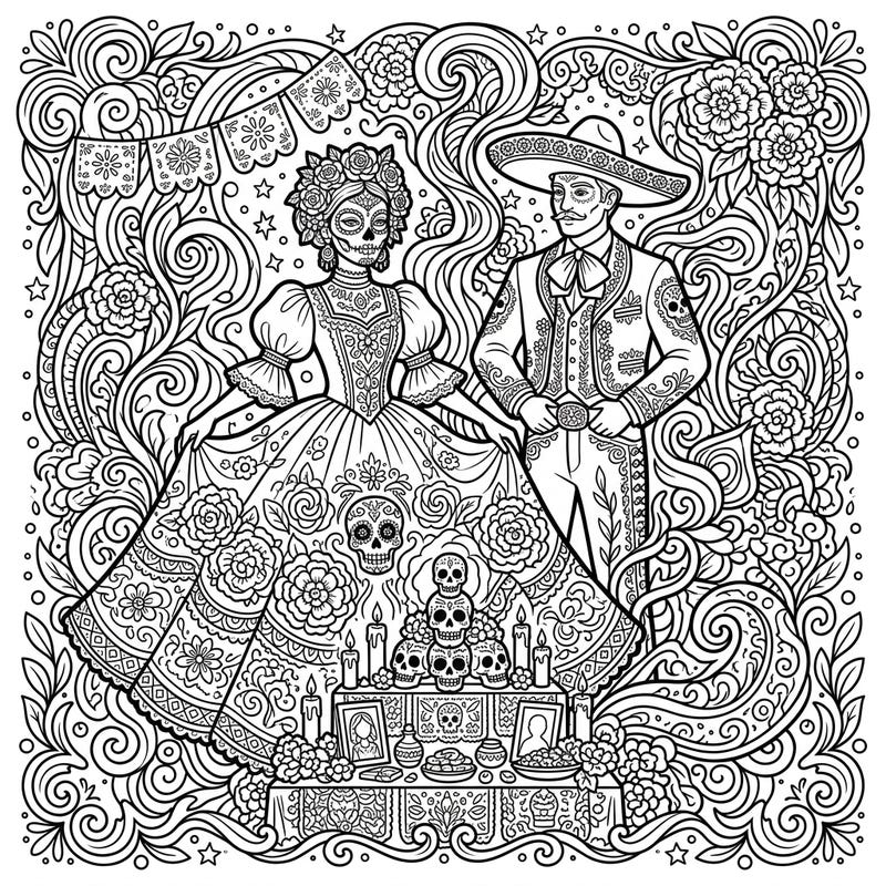 Explore a mesmerizing fusion of history, culture, and psychedelic art with this unique Day of the Dead coloring page. Delve into intricate patterns and traditional motifs, reimagined in a trippy, flowing style for an unforgettable coloring experience.