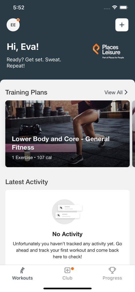 Places Fitness - Dashboard of the Places Fitness app showing personalized training plans and workout activity