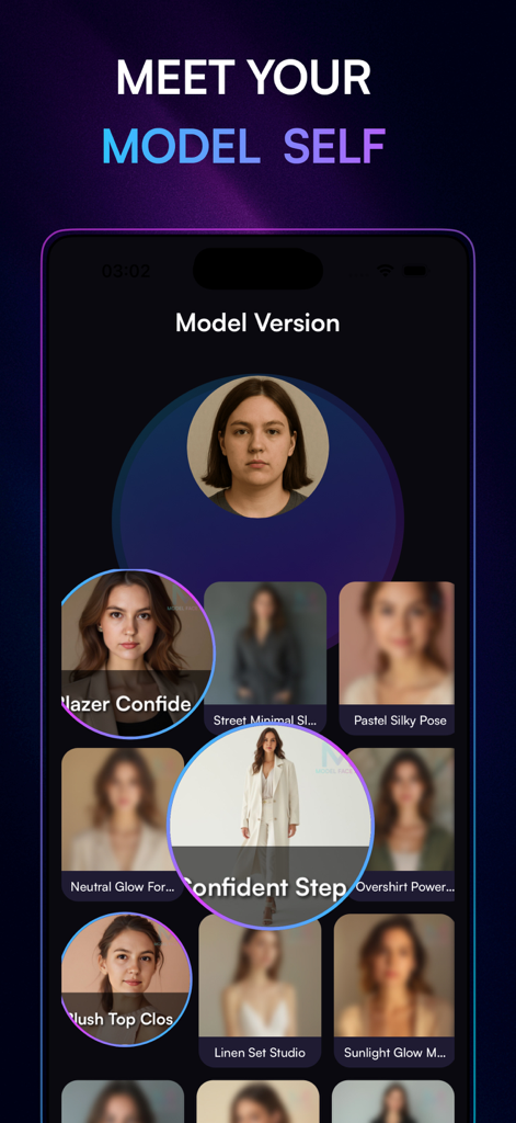 Model Face AI - Model Face AI app interface showing AI generated model versions and professional photo styles.
