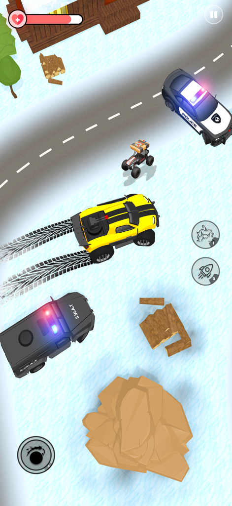 Police Car Chase Police Games - Vista cenital de un coche deportivo amarillo escapando de un coche patrulla y una furgoneta SWAT en un entorno nevado.